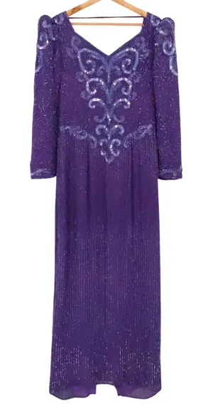 Vintage 80s Beaded Silk Gown Womens Size S Purple Sequin Formal Wedding FLAWS thumbnail 1
