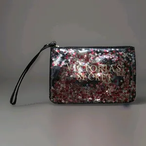Victorias Secret Clear Sequin Wristlet Clutch Makeup Cosmetic Bag 8.5x6 in Zip thumbnail 4