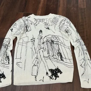 Unbranded Artistic Sketch Print 100% Wool Sweater White Black Dog Art Small S thumbnail 3