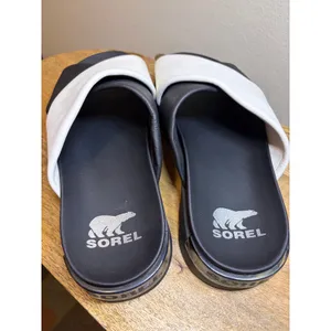 Sorel Roaming Crisscross Slide Sandal Black Leather Platform 10 thumbnail 4