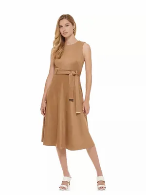 Calvin Klein NWT Sleeveless Belted Faux Suede Fit & Flare Midi Dress - tan thumbnail 2
