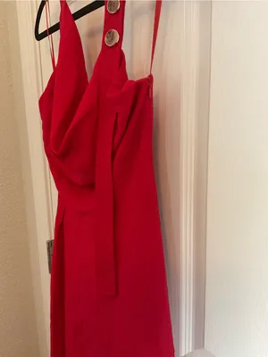 Zara Red Linen Blend Halter Midi Dress Size S Cowl Neck Tortoiseshell Buttons thumbnail 5