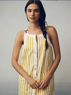 ANTHROPOLOGIE MAEVE Sleeveless Denim Shift Mini Dress Yellow Stripe Medium thumbnail 2
