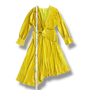 Chartreuse Pleated Wrap Dress Long Sleeve Asym Hem Midi Yellow Women‎ thumbnail 4