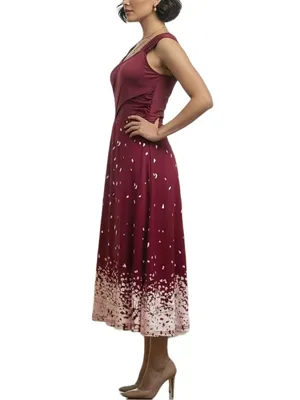Women's Elegant Floral Print Sleeveless Waist-cinching Dress Burgundy Color thumbnail 3