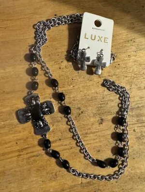 Luxe silver tone, long cross necklace, and earrings thumbnail 1