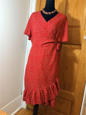 Red Polka Dot Wrap Dress Flutter Sleeve V Neck Tie Waist Women’s Dress thumbnail 2