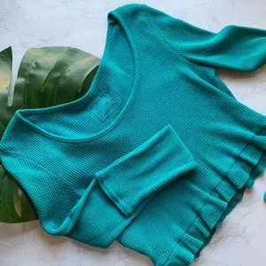 Free People Waffle Knit Ruffle Crop Long Sleeve M thumbnail 3