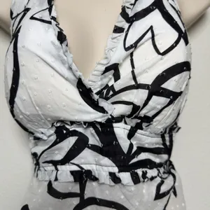 VTG y2k BCX Women Halter Neck Babydoll Top Large White Cotton Black Floral Party thumbnail 4