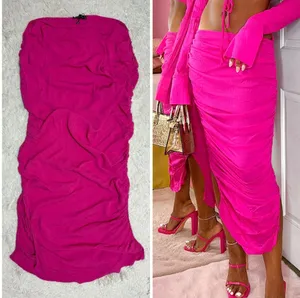 PrettyLittleThing Fuchsia Hot Pink Ruched Bodycon Midi Skirt Size 12 Large thumbnail 1