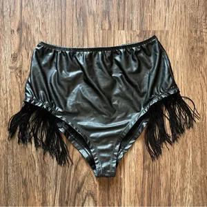 Body Rage Black Faux Leather Fringe Bikini Cut Bottoms Shorts Sz Large thumbnail 1