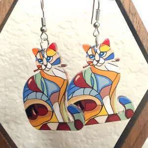 Colorful Stained Glass Style Cat Dangle Earrings thumbnail 4