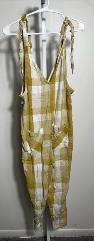 H26. Free People Mustard & White Plaid Tie-Shoulder Linen Jumpsuit thumbnail 1