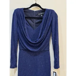 Betsy & Adam Cowl Neck Sparkle Shimmer Short Cocktail Dress Blue Size 4‎ thumbnail 4