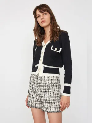 J.ING Black White Contrast Trim Boucle Knit Pearl Button Cardigan Sweater thumbnail 3