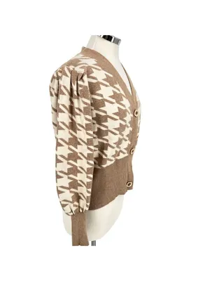 Joie Beige Houndstooth Puff Sleeve Cardigan Sweater Dark Light Academia Medium thumbnail 3