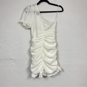 Hello Molly Not Fair On Me White One Shoulder Mini Dress Womens 6 Ruched Ruffled thumbnail 3