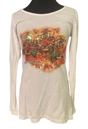 POL Rick Butterworth Tiger Sequin Graphic Long Sleeve Top Med Art to Wear L-31 thumbnail 1