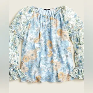 J. Crew Blue Floral Chiffon Long Sleeve‎ Blouse Size M thumbnail 9
