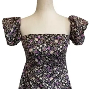 Pomelo Floral Puff Sleeve Mini Dress Black‎ Purple Square Neck Smocked Back M thumbnail 13