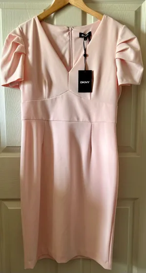 DKNY Pink Pleated Short Sleeve V-Neck Sheath Dress Sz 10 Autumn Wedding Guest thumbnail 1