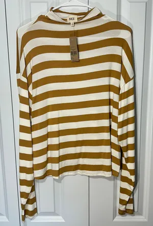 NWT BKE Mock Neck Top Womens Large Yellow Cream Striped Long Sleeve Soft Buckle‎ thumbnail 1