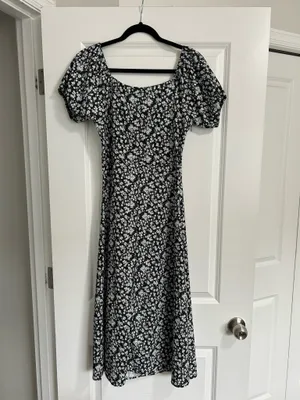 Floral Puff Sleeve Black Midi Dress Women’s Size Medium thumbnail 4