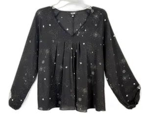Women Blouse Large Black Celestial Star Print Sheer Whimsigoth Witchy Top thumbnail 2