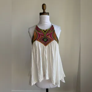 Free People Beach Date White Flowy Strappy Tank Top Multicolor Embroidery thumbnail 3