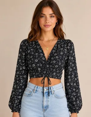Elodie Womens M Floral Crop Top Black White Daisy Long Sleeve Rayon Cottagecore thumbnail 1