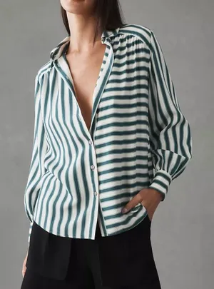 Maeve Anthropologie Green White Mixed Stripe Button Down Blouse Long Sleeve S thumbnail 1