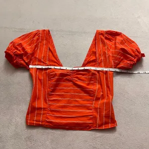 Free People Women's Orange Striped Puff Sleeve Crop Top Blouse Size XS thumbnail 11