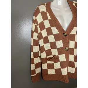 American Eagle Cardigan Sweater Womens XS Brown Checkered V Neck Button Front thumbnail 3