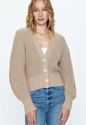 New Pistola cotton knit Mallory Curved Sleeve Cardigan, sable tan cropped small thumbnail 1