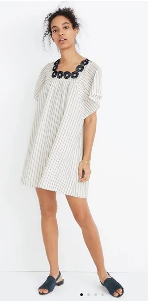 Madewell Striped Dress with Black Floral Neckline Dress Sz M thumbnail 1