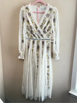 NWT MAC DUGGAL 9133 Hand-Beaded Floral Long-Sleeve Midi‎ Dress, Sz 2, IvoryMulti thumbnail 6