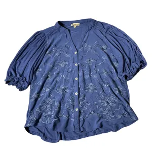 Democracy Boho Embroidered Blouse Women L Blue Puff Sleeve Button Front V-Neck thumbnail 1