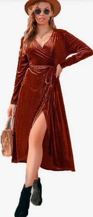 NEW Rust Ribbed Velvet Wrap Long Sleeve Belted Dress L thumbnail 1