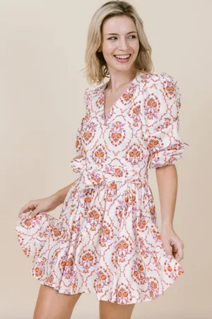 LaRoque Floral V-Neck Dress in White with Pink & Orange Print | Printed thumbnail 1