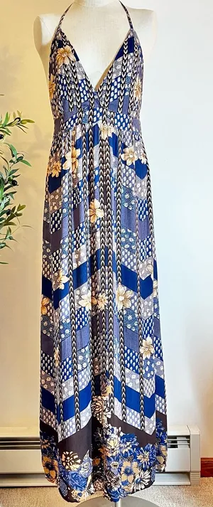 O’Neill Bohemian Navy and brown Floral Halter Low back Maxi Dress thumbnail 1