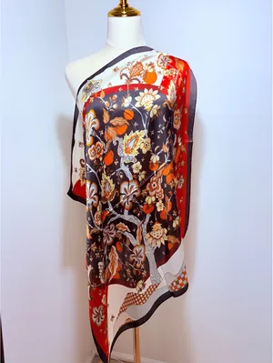 Elegant Floral Satin Polyester Square Scarf in Red, Black, White, and Brown – thumbnail 2