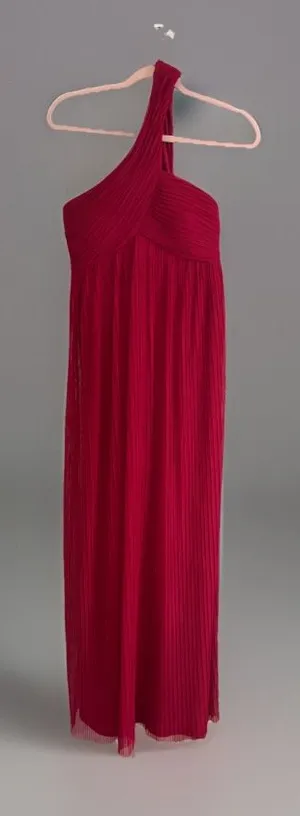 Calvin Klein Women’s Size 4 One-Shoulder Red Pleated Maxi Dress Flowy Mesh Gown thumbnail 1