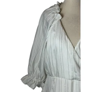 Maison Tara Midi Dress Womens 10 White Striped Excellent Ruffle Wrap V-Neck Puff thumbnail 6