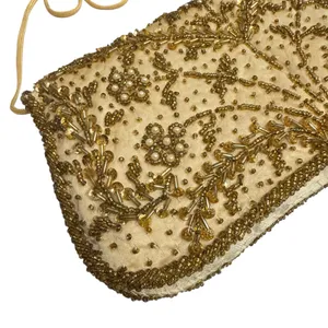 Vintage Gold Beaded Evening Clutch w/ Chain Strap Ivory Satin Floral Embroidery thumbnail 4