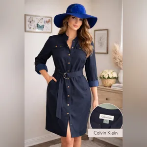 Calvin Klein Shirt Dress Navy Blue Belted Button Front Size 8 thumbnail 2