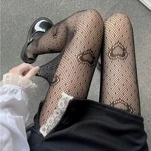 Heart Print Mesh Tights Black Sexy Cut Out High Waist Fishnet Pantyhose One Size thumbnail 5