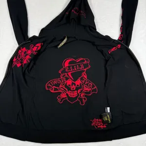 Ed Hardy Christian Audigier Black Red Embroidered Zip‎ Hoodie Skull Dagger L thumbnail 6