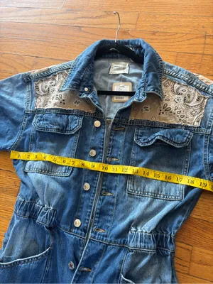 We The Free Blue Denim Short-Sleeve Jumpsuit with Tan Bandana Panels thumbnail 12