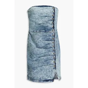 Retrofête Megh Strapless pleated Denim Mini Dress Marble Sky Button Front XS thumbnail 13