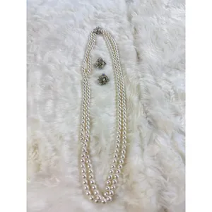 Vintage Japan Faux Pearl Double‎ Strand Necklace and AB Crystal Clip On Earrings thumbnail 2